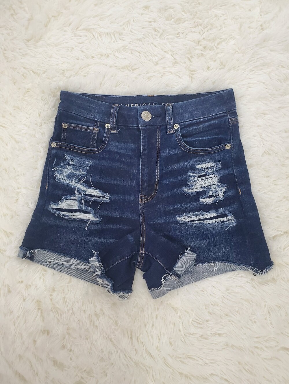 American Eagle Size 4 Darkwash Distressed Curvy Hi-Rise Shortie Denim Shorts